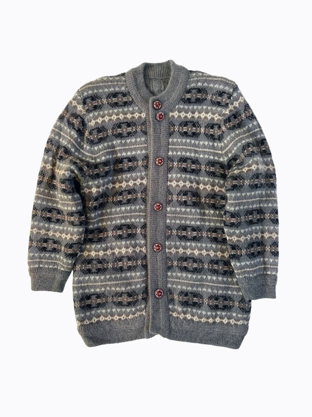 Gray Fair Isle Wool Blend Button Cardigan S/M Chunky Knit Nordic Scandi Grandpa